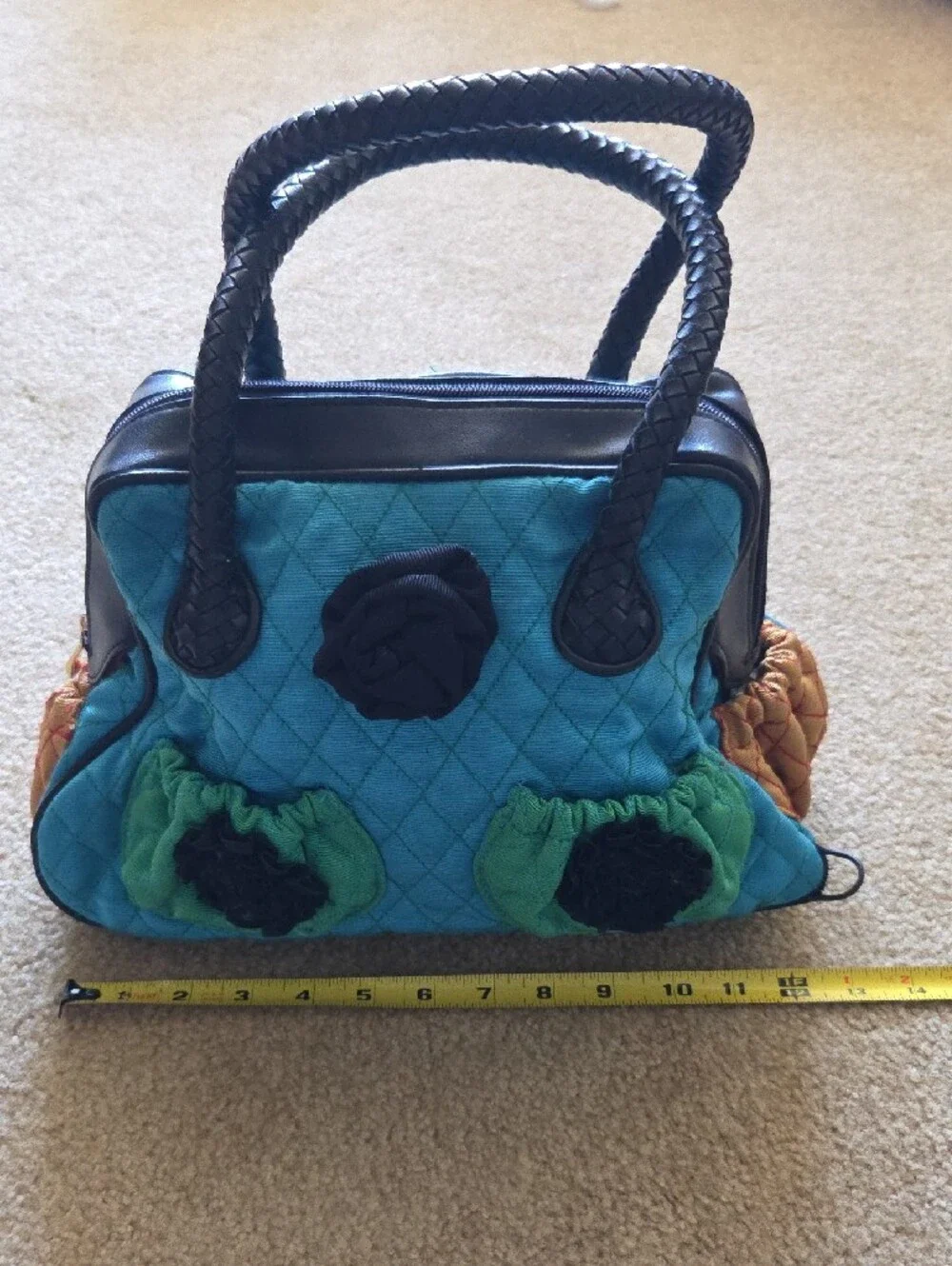 ANGELA FRASCONE Quilted Blue & Green Decorative Satchel Braided Black Handles